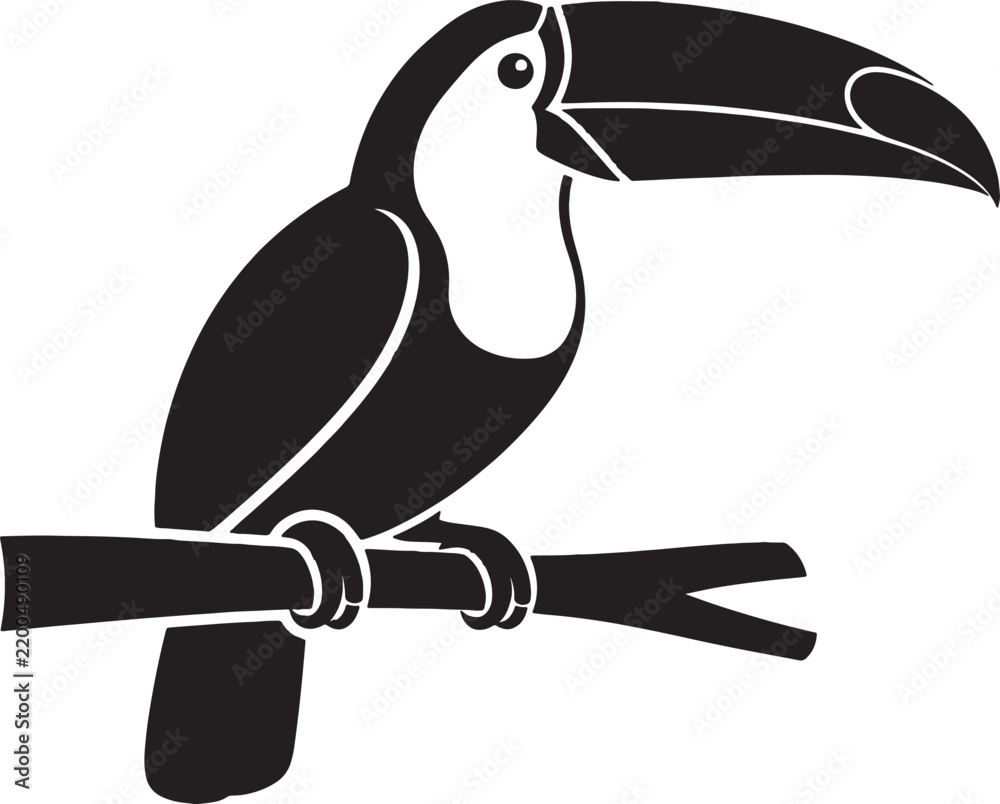 Fototapeta premium Toucan bird sitting on wooden branch isolated design element for creative graphic projects and signage art.