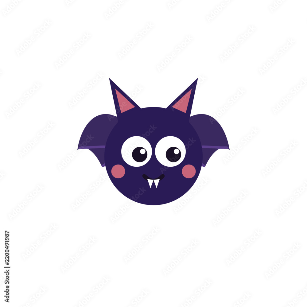 Fototapeta premium Cute cartoon bat face vector illustration with big eyes, purple wings, pink cheeks, and simple flat editable graphic design element