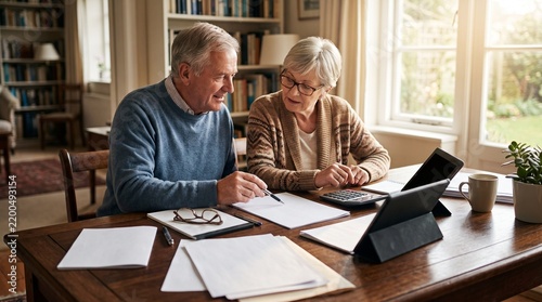 Senior couple sitting at living room table reviewing retirement savings papers with calculator and tablet computer reflecting financial planning for mature age