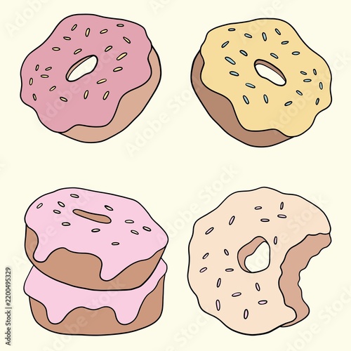 set of doodle illustration of donuts, sweet dessert 