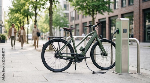Modern green electric bicycle plugged into public charging station on urban sidewalk representing green city transportation and eco friendly e-bike mobility