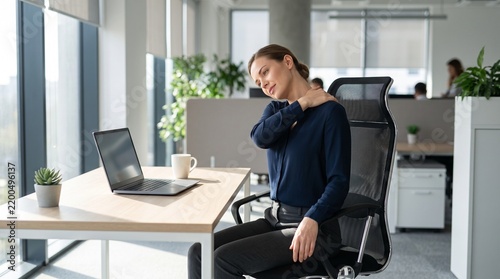 Businesswoman sitting at office desk massaging her stiff shoulder conveying neck pain relief and workplace ergonomic fatigue management