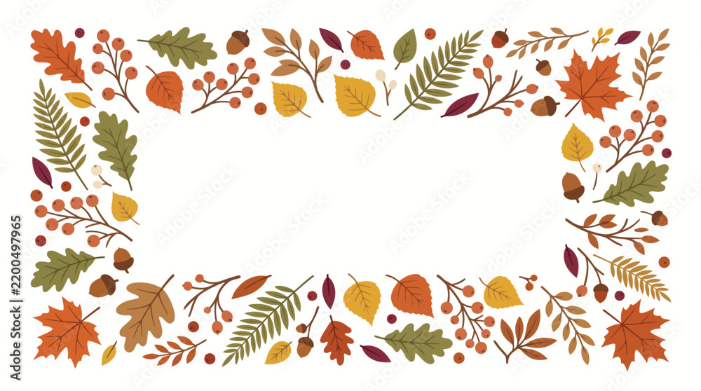 Fototapeta premium Autumn Botanical Border with Leaves, Berries and Acorns Decorative Frame