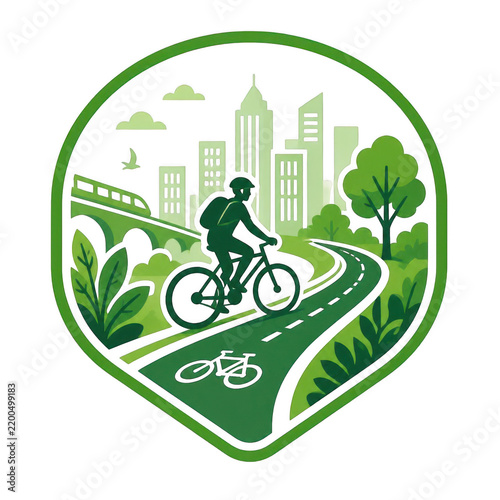 Eco-friendly urban cycling badge featuring cyclist on road with city skyline