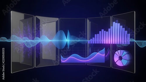 Futuristic data visualization interface with transparent glass screens showing blue and purple audio waveforms and financial growth bar charts
