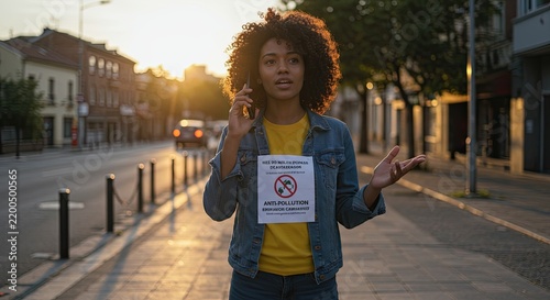 Concerned Woman Talking on Phone Holding Anti-pollution Sign on City Street at Sunset