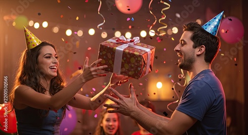 Cheerful Young Woman Passing Wrapped Gift to Happy Man at Party