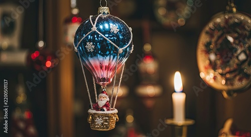 Festive Santa Figurine in Blue Hot Air Balloon Ornament