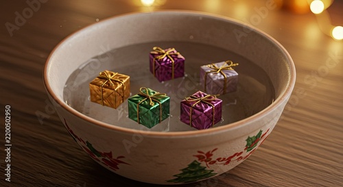 Colorful Gift Boxes Floating in Water Bowl on Table with Warm Holiday Lights