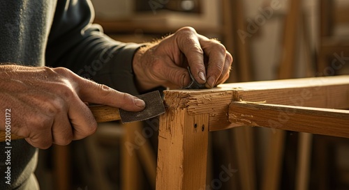 Carpenter Sanding Brown Wooden Furniture Frame in Workshop