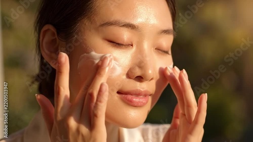 Young Asian Woman Applying Moisturizing Face Cream in Warm Natural Sunlight