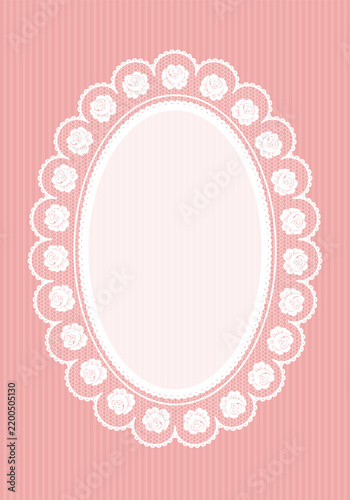 Retro lace oval frame with roses on striped background. Vintage wedding card template.