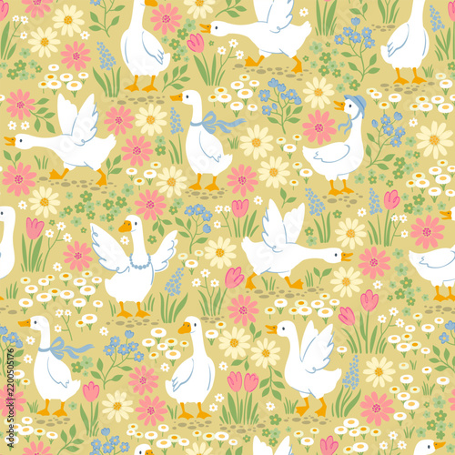 Cute seamless vector pattern with white geese, charming domestic birds amidst yellow flowers in a meadow