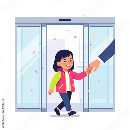 Joyful Girl Holding Hand and Walking Out of Automatic Doors with Confetti