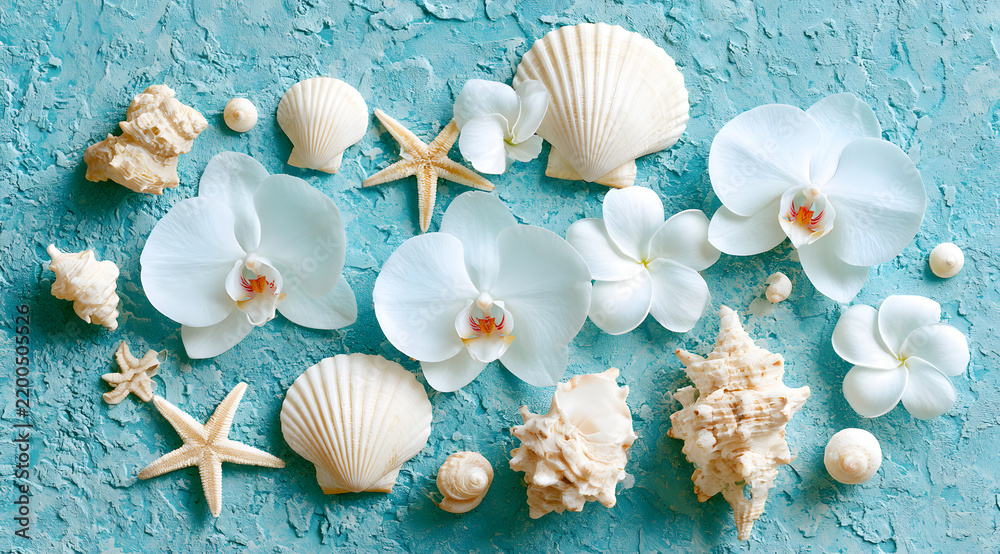 Fototapeta premium White orchid blossoms and sea shell fragments rest on a teal textured surface. This is a tropical maritime scene featuring starfish, scallops, and other exotic blooms. It carries an elegant summer oce