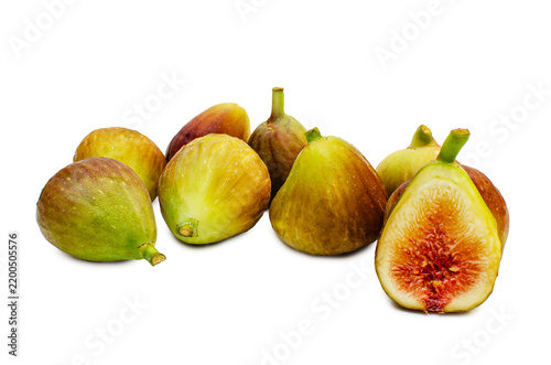 Fresh Whole and Halved Green Figs Isolated on White Background