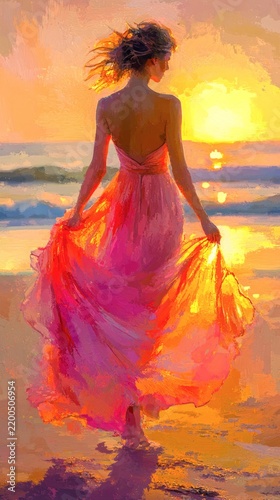 A woman in a flowing pink dress walks along the beach at sunset. The warm colors create a serene and dreamy atmosphere. Perfect for capturing the beauty of nature. AI
