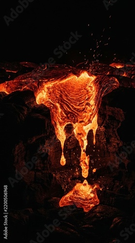Molten lava dripping and flowing down dark volcanic rock formation at night