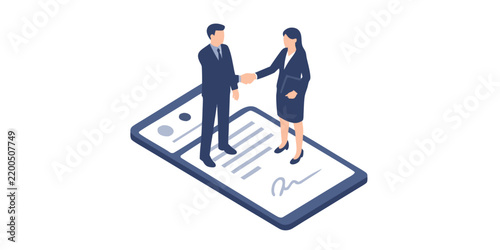 Isometric vector illustration depicts a business handshake occurring over a smartphone with a signature line agreement collaboration contract deal digital diplomacy electronic executive