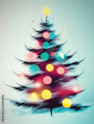 Abstract Minimalist Christmas Tree Art with Glowing Colorful Bokeh Lights and Star Topper