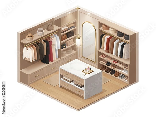 Isometric Modern Walk In Closet Interior with Clothes Rails and Shoe Rack – Luxury Home Scene