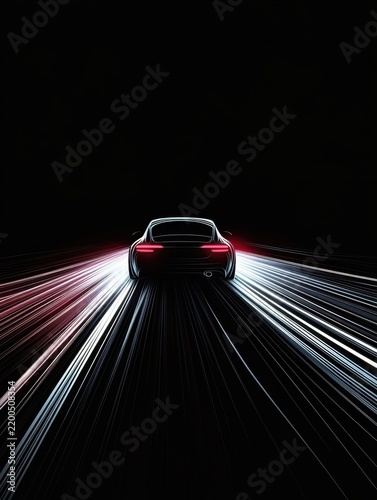 Rear View Silhouette of Sports Car Driving Fast at Night Leaving Light Trails on Highway