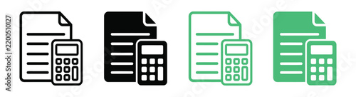 Accounting vector icons set featuring financial documents and calculators in black and green colors