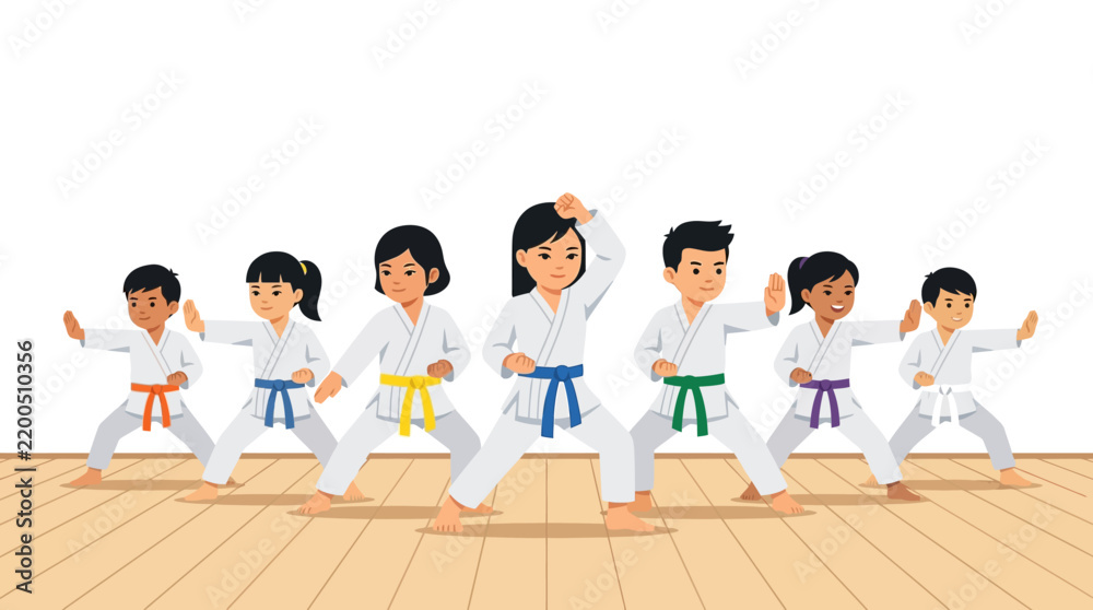 Fototapeta premium Karate class participants stand in a defensive stance on a wooden floor against a clean white backdrop.