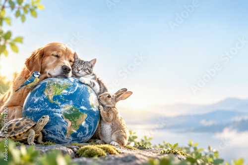Dog, cat, rabbit, turtle and bird surround a globe in nature, symbolizing care for animals and the planet. Love, care and harmony. World Animal Day.