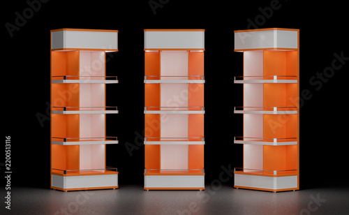Open orange and white display racks with integrated lighting. 3d illustration set on black gradient background
