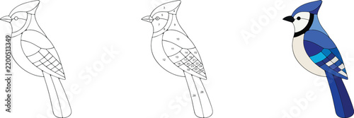 Blue jay bird stained glass window pattern vector design with numbered sections and blue color illustration