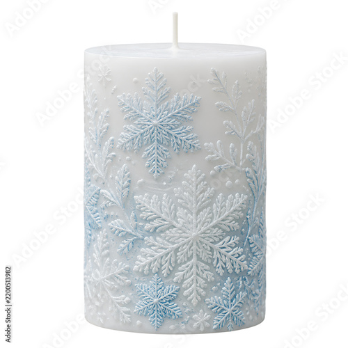 White pillar candle with embossed blue snowflake pattern for winter and christmas holiday decoration isolated on white background