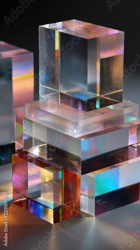 Colorful acrylic blocks stacked in a creative arrangement reflecting light in various angles
