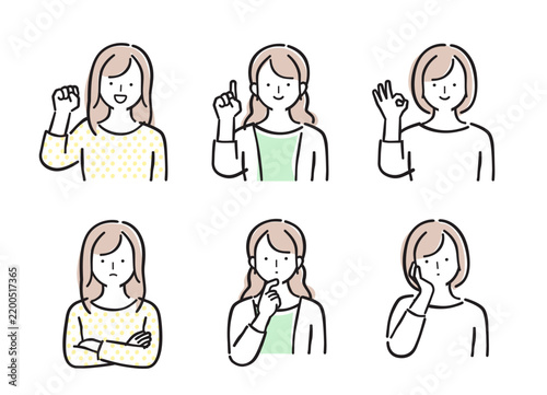 女性の喜ぶ・困る・悩むポーズ　人物セット　パステルカラーイラスト