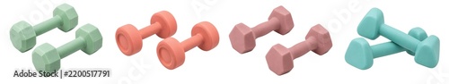 Dumbbell and barbell weights pastel colors isolated transparency background with three dimensional sport fitness elements for exercise and health