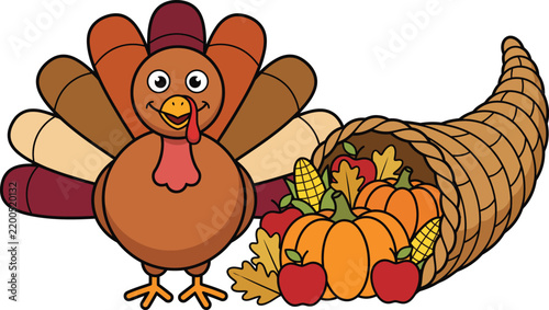 Cute Thanksgiving turkey with cornucopia vector illustration