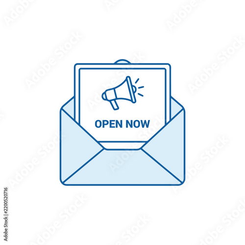 Open now announcement on envelope with megaphone symbol for promotions.