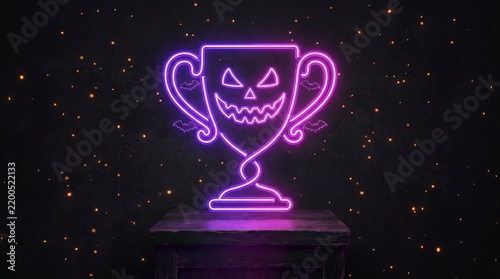 Glowing purple neon trophy sign featuring scary jack-o'-lantern face design with sharp jagged edges and vibrant artistic light lines