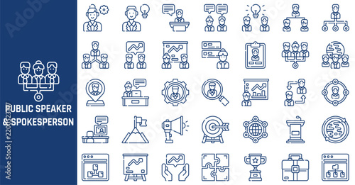 Professional business icon set featuring public speaker and spokesperson corporate symbols