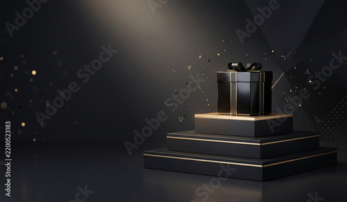 Luxury black gift box with gold ribbon on tiered podium with spotlight background