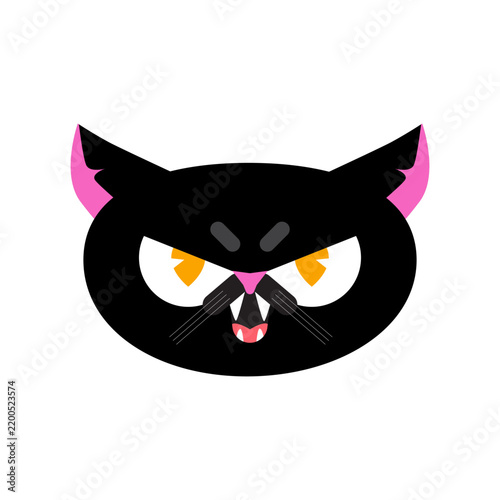Angry black cat hissing, grumpy feline. Vector portrait illustration