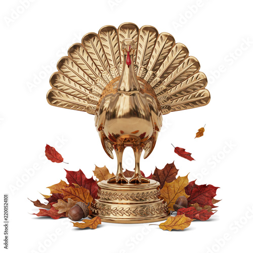 Thanksgiving Day ornate metallic bronze turkey statuette displayed on decorative pedestal with fall leaves and acorns   