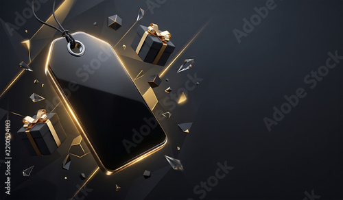 Luxury black price tag mockup with golden glow and floating gift boxes background
