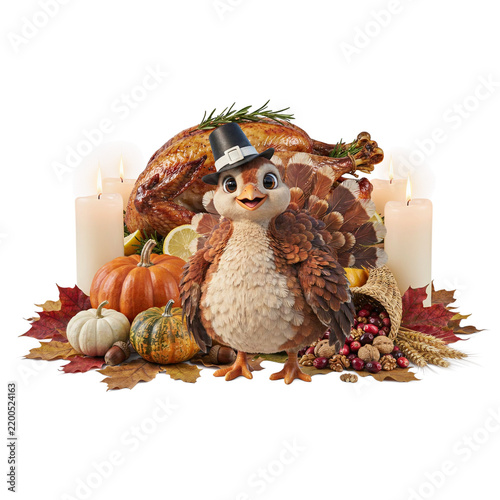 Thanksgiving Day cute baby turkey chick wearing pilgrim hat with roasted turkey, candles, and harvest pumpkins   