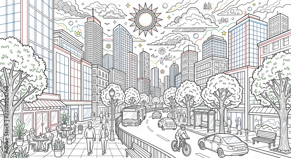 Obraz premium Modern City Coloring Page With Vibrant Accents for Creative Printable Design