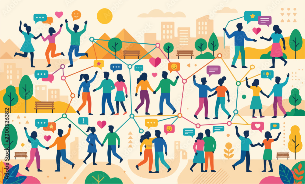 Fototapeta premium Connected People Network in Urban City Park with Chat Bubbles and Social Nodes
