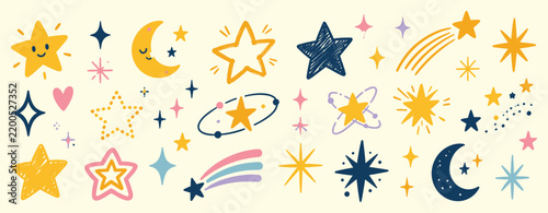 Gold star sticker and sparkle icon set with hand drawn sketch texture, twinkle shapes, moon and space elements, cute magic doodles and vintage collage style vector illustration