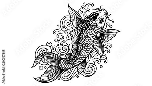 Japanese Koi Fish Tattoo Stencil Black White Detailed Vector Line Art
