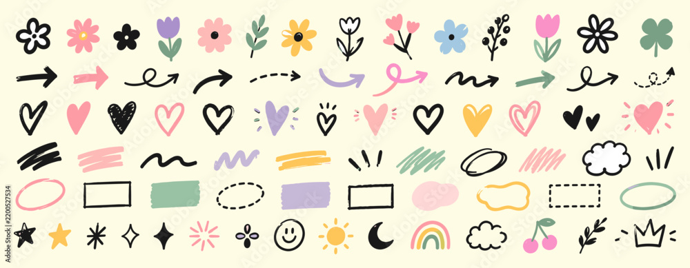 Obraz premium Organic doodle brush shape collection with hand drawn arrows, flowers, hearts, crayon strokes, check marks, scribbles and playful notebook decoration elements vector illustration