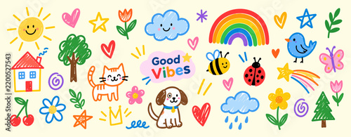 Childish doodle element collection with cute hand drawn rainbow, flower, heart, cloud, star and sun scribbles for school, nursery and playful designs vector illustration